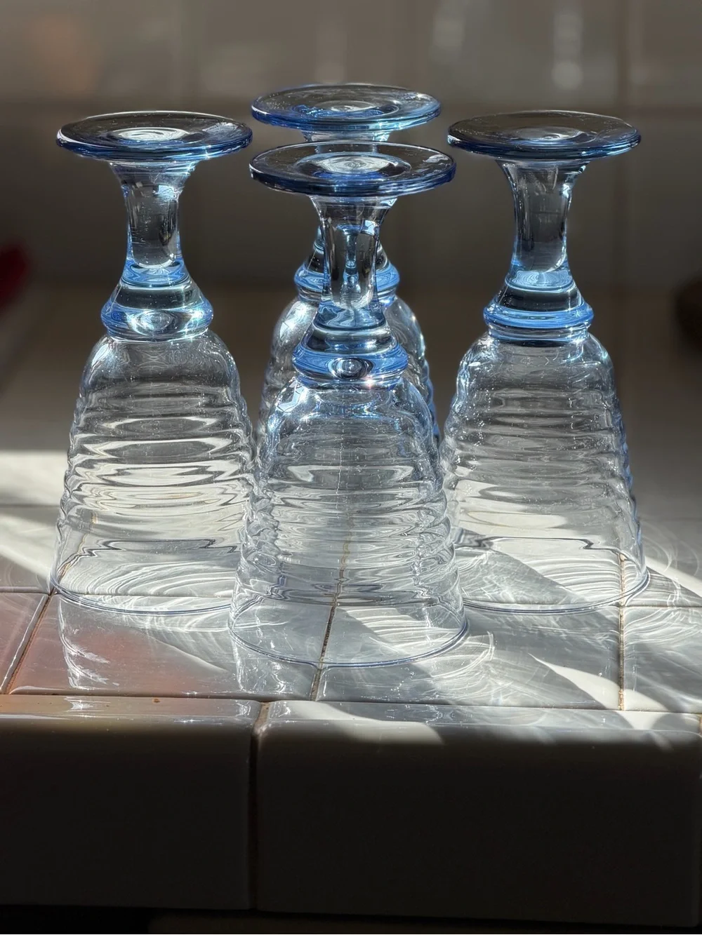 Set of Four, Vintage 90s Blue Ribbed Glass Goblets - Set of Decorative Glasses